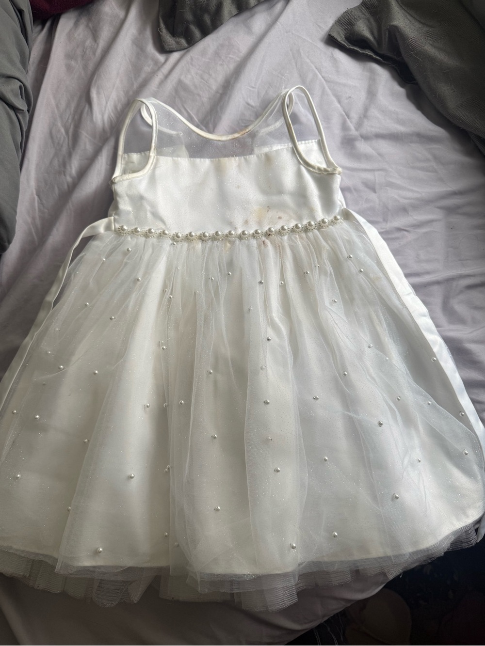 Girls White Pearl-Embellished Tulle Dress